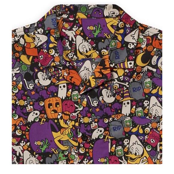 Disney Parks Adult Halloween Button Up Shirt Mickey Pumpkin Ghost Size Small New - Picture 2 of 4